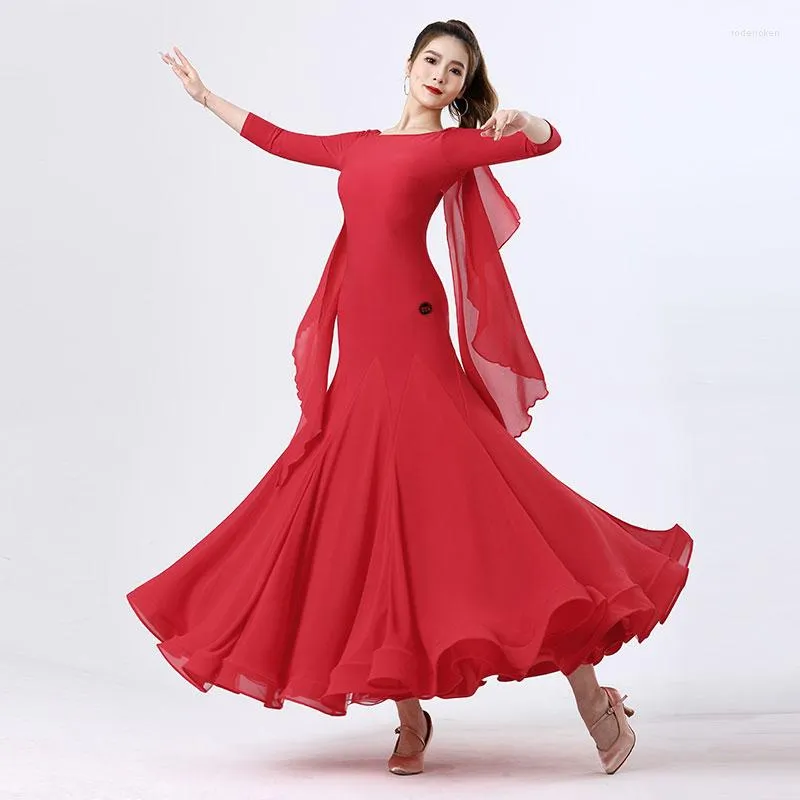 Stage Wear National Standard Dance Dress Style Dentelle Châle Performance Femme Social Ballroom Competition Robes DN15437