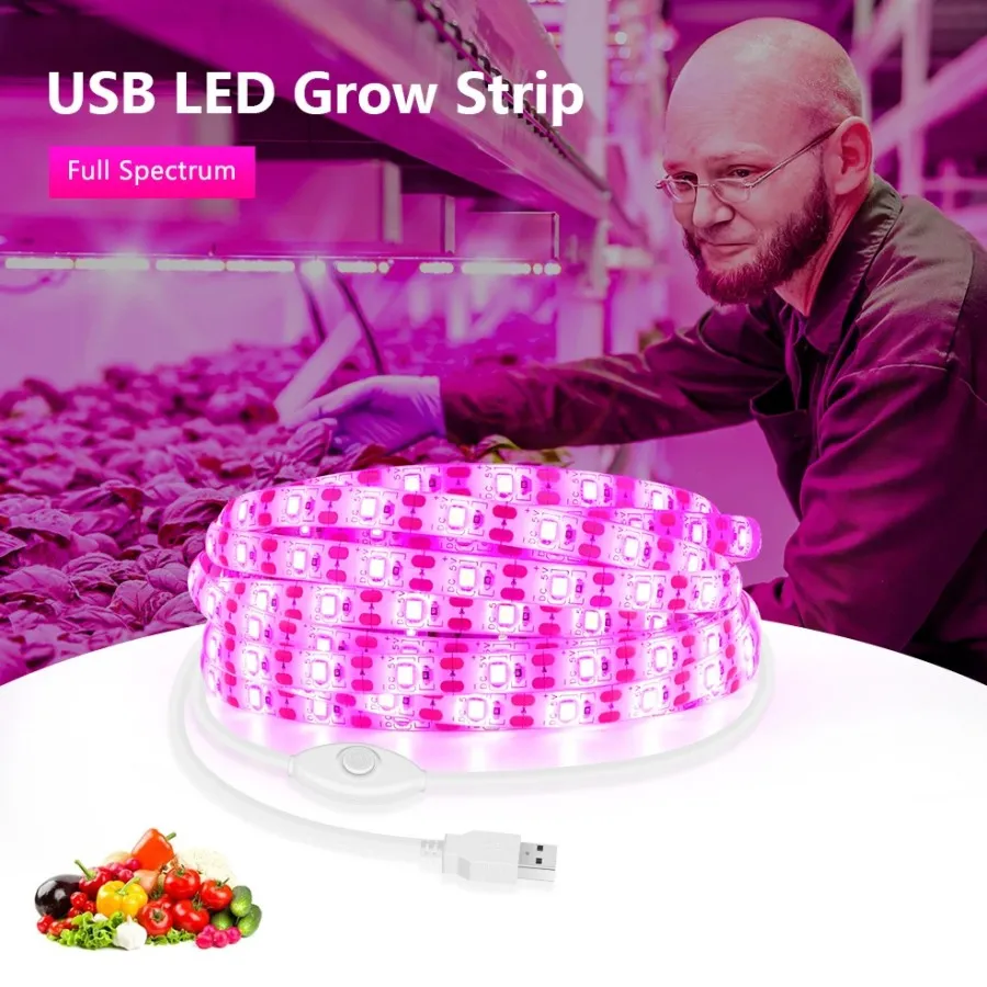 DC 5V USB LED Grow Light Full Spectrum 1M 4.8W 60LEDS SMD2835植物ストリップPHYTOランプ用植物花の苗木栽培テントボックス20m/lot