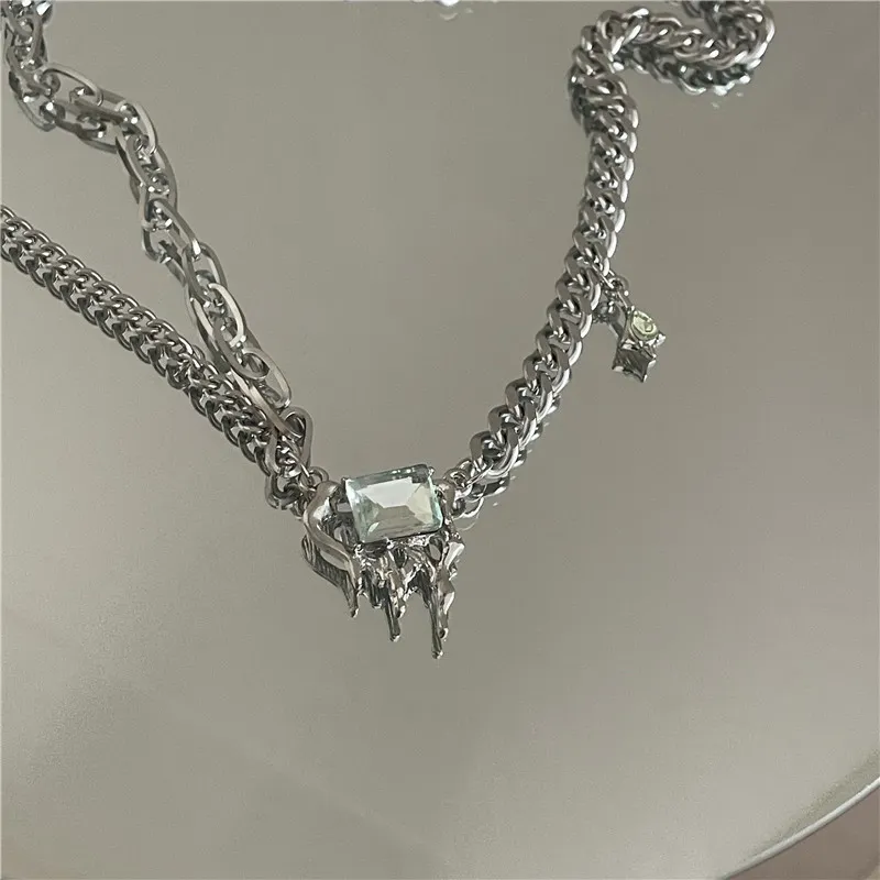 Pendant Necklaces U-Magical Stainless Steel Melting Wax Rhinestone Necklace For Women Asymmetry Chunky Chain Jewelry_voghion.com
