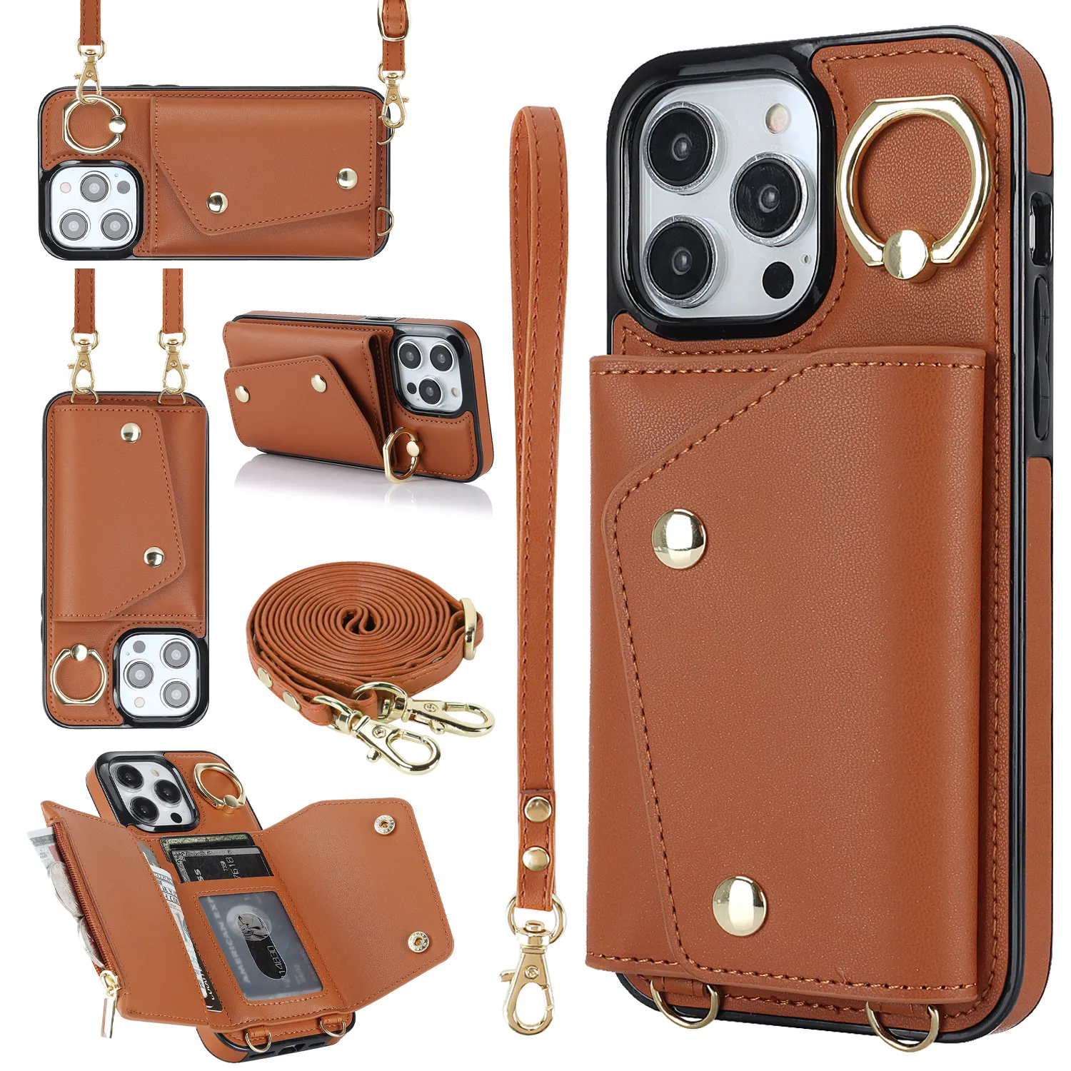 Crossbody Leather Zipper Card Holder Wallet Case, Handbag Purse Funda, Ring Kickstand Cover for iPhone 15 Pro Max 14 13 12 11 XS 8