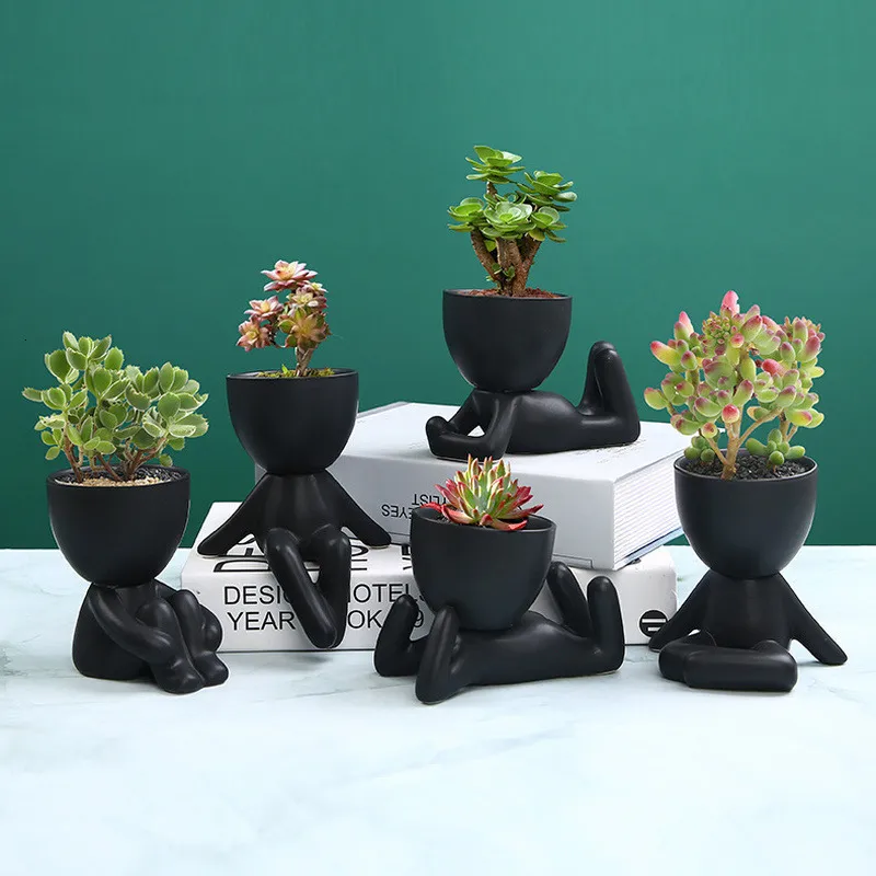 Vases Creative Black Figure Flower Pot Plant Cactus Potted Abstract Ceramic Figurine Coffee Table Living Room Decor 230603