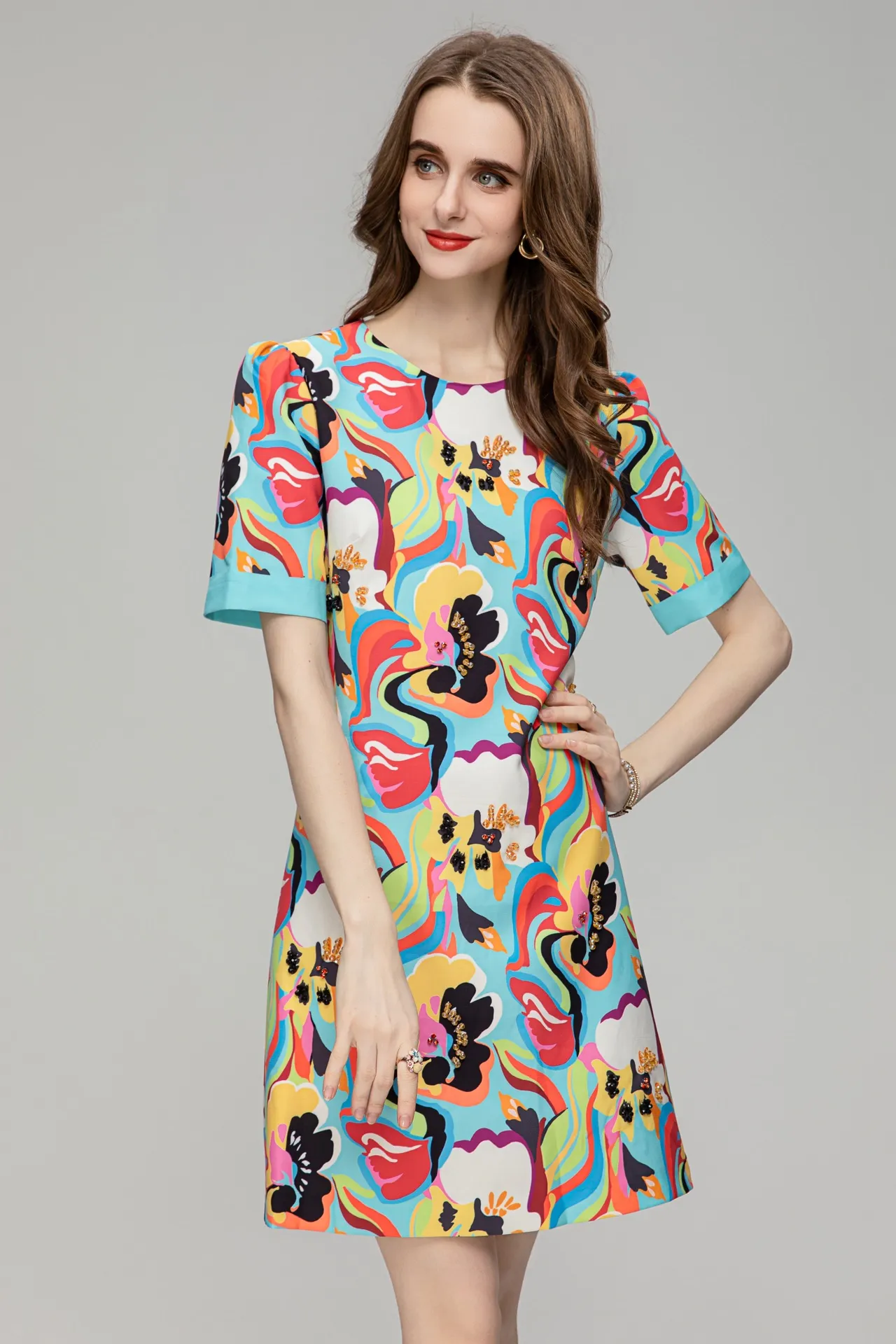 Orijinal Tasarımcı Yeni Elbise 2023 İlkbahar/Yaz Moda Dijital Çiçek Baskı Kadınlar Yuvarlak Boyun Kısa Kollu Zarif Boncuklu Elbise