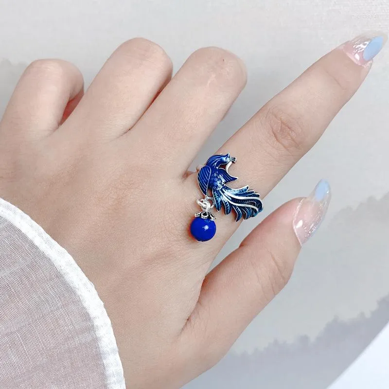 Cluster Ringen 925 Sterling Zilver Blauw Phoenix Kwastje Ring Retro Vintage Lapis Lazuli Kraal Vogel Verstelbare Chinese Stijl Vrouwen sieraden