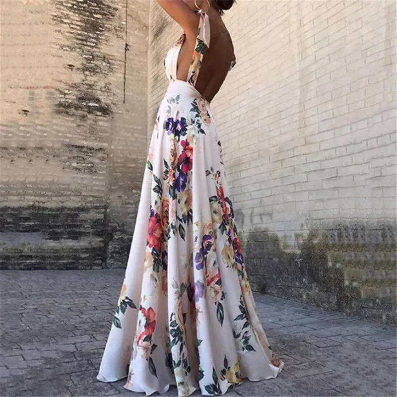 Casual jurken bloemenprint vrouwen zomer mouwloze v-neck backless vintage long boho feest cocktail losse strand roze jurk