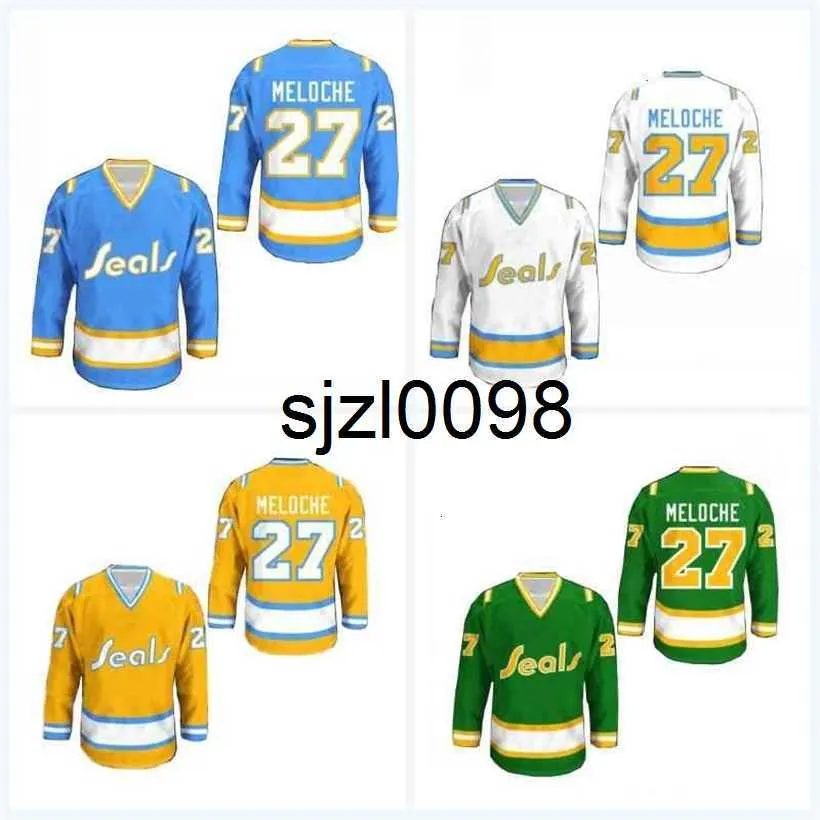 Sj98 Custom Gilles Meloche Golden Seals Hockey-Trikot, Herren, Damen, Jugend, Stich genäht, alle Größen, Farben, Nummer und Name