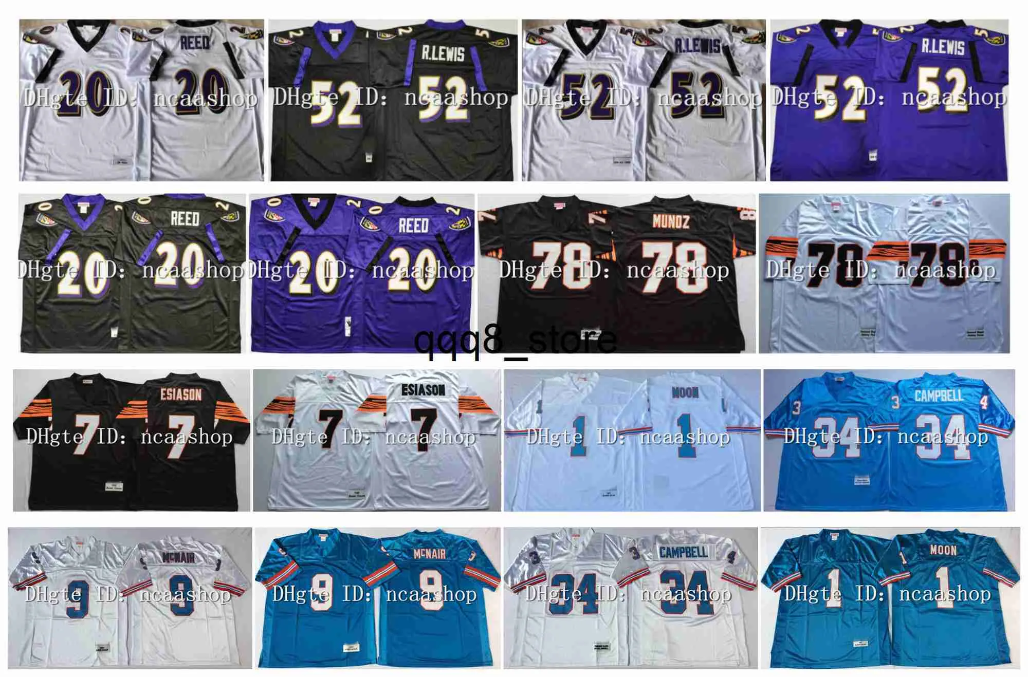 qq88 Retro 52 Ray Lewis College voetbalshirt 20 Ed Reed 1 Warren Moon 78 Anthony Munoz 7 Boomer Esiason 9 Steve McNair 34 Earl Campbell Paars Wit Blauw Zwart Sz M-XXXL