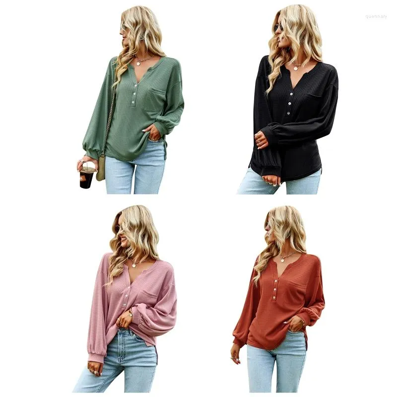 Women's T Shirts Women Long Sleeve Waffle Knit Cropped V Neck Plain Faux Button Loose Tops Dropship