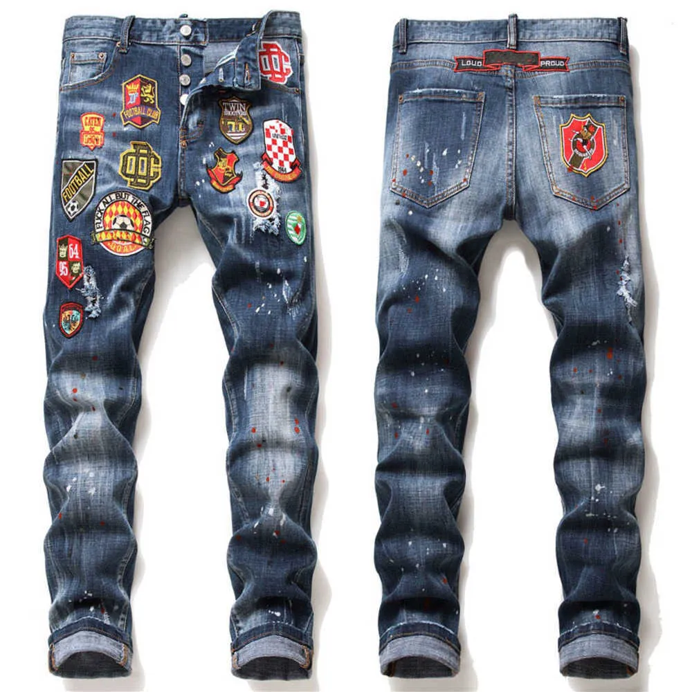 Uomo Più Distintivo Jeans Slim Fit Gamba Dritta Lavato Stilista Dipinto Biker Pantaloni Denim da Uomo Pantaloni Taglia Grande 122