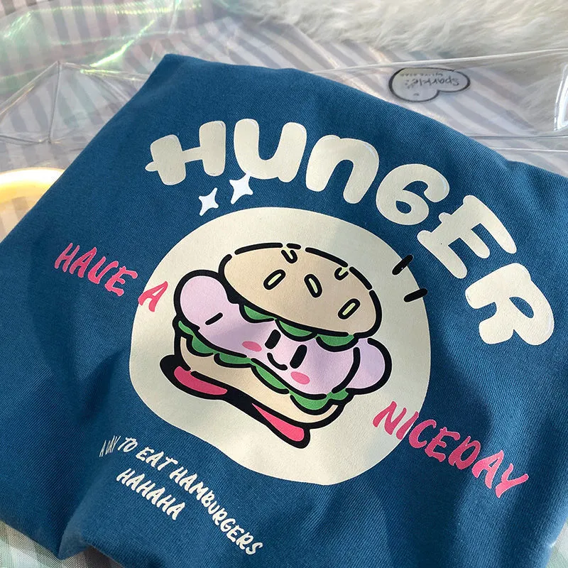 Kvinnors t-shirt ins super söt tecknad burger kawaii kvinna tshirts ren bomullsmaterial kort ärm tees toppar harajuku japan stil mode 230603