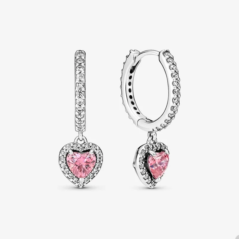 Sparkling Halo Heart Hoop Boucles d'oreilles pour Pandora Boucles d'oreilles de mariage en argent sterling véritable bijoux de créateur pour femmes Boucles d'oreilles en cristal rose et diamant avec boîte d'origine