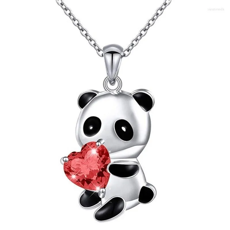 Hanger Kettingen Echt 925 Sterling Zilveren Sieraden Mooie Panda Ketting Kleurrijke Hart Zirconia Voor Vrouwen