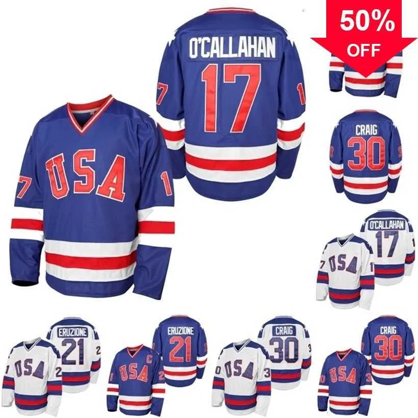 Mag Mit Mens 1980 USA Miracle On Ice Hockey Jersey #17 Jack O'Callahan #21 Mike Eruzione #30 Jim Craig 100% Stitched Team USA Hockey Jerseys Blauw