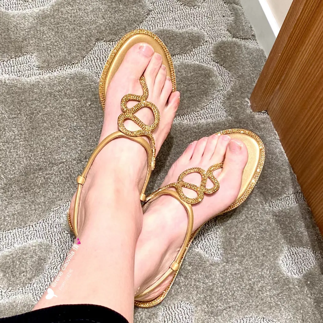 Spännande tå Sandaler Rene Caovilla Blomma Kristallkrona dekoration skodesigners Rhinestone Narrow Band Platt klack skor 35-43 kvinnor casual Sandal med låda