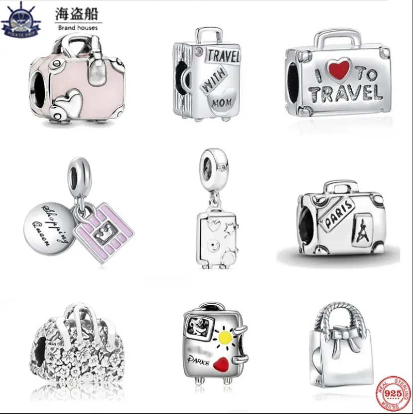 För pandora charms sterling silver pärlor dingle charm ny fin rosa handväska pärlblå resesväska