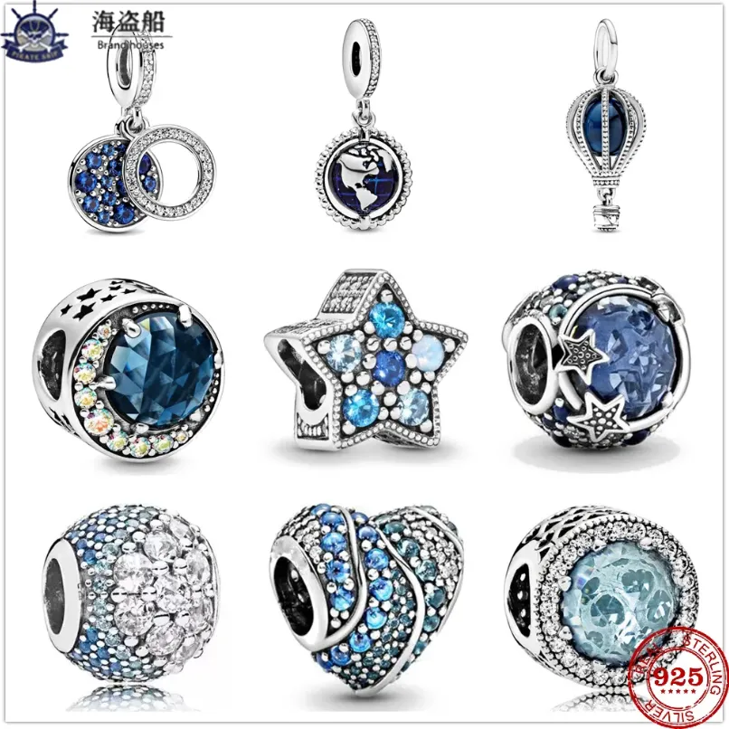 Для чар Pandora Sterling Silver Beads Dangle Новый блестящий синий диск с двойным воздушным шаром свиной кулон