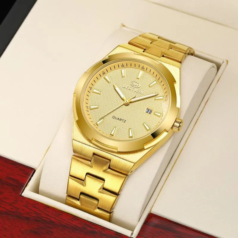 ساعة Wristwatches تصميم الكوارتز الرجال الذهبي الفولاذ المقاوم للصدأ فستان الساعات/الأسبوع وظائف الساعة الفاخرة رجل 2023