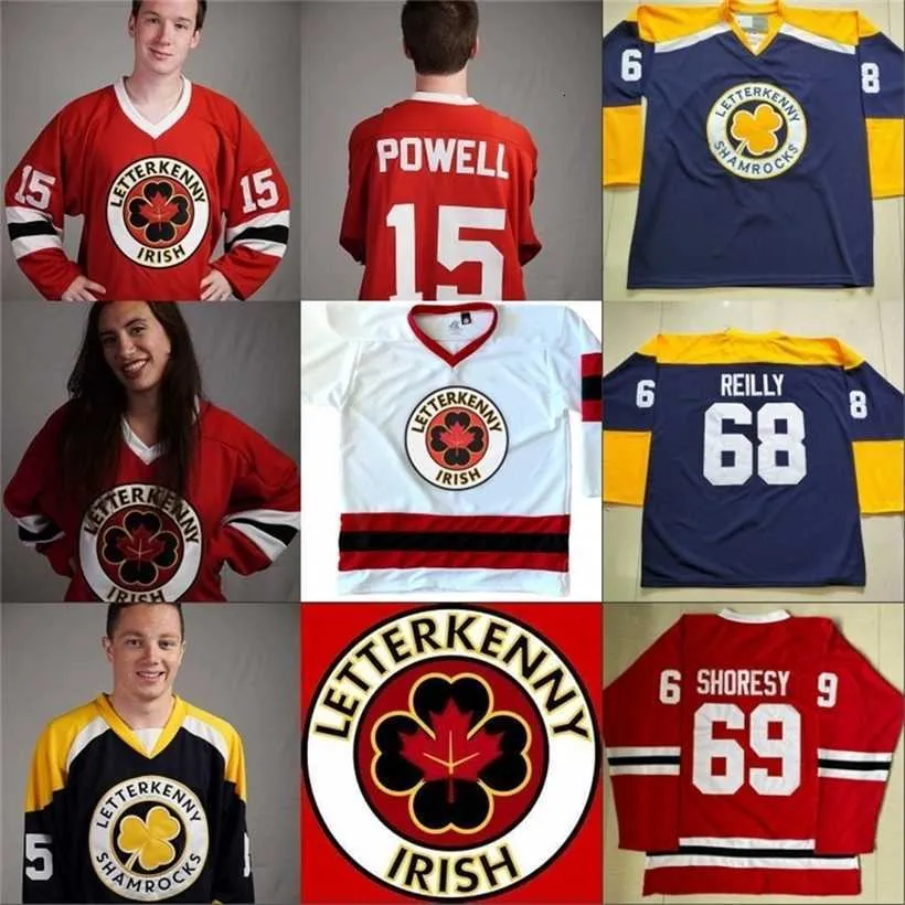 C2604 Mit IRISH TV Series Letterkenny Jersey 15 POWELL 69 SHORESY 68 Shamrocks 85 NAPPY BOY 100% Stitched Ice Hockey Jerseys