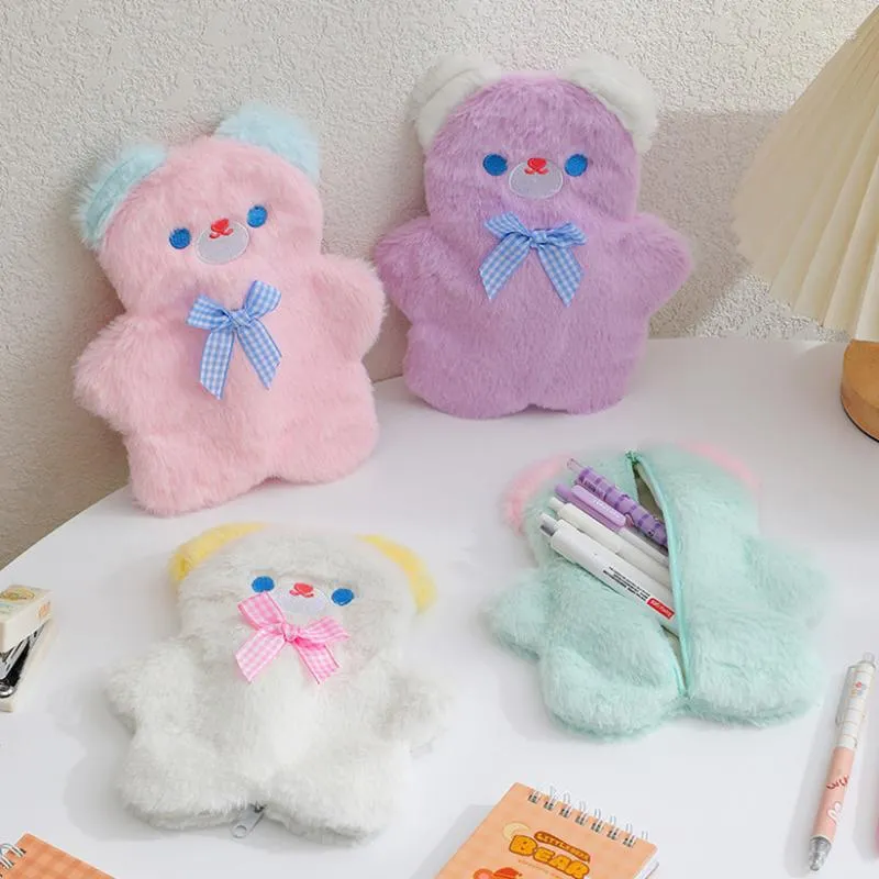 Cute Cartoon Kawaii Bear Korean Plush Pencil Bag Storage Cases School Supplies Stationery Gift