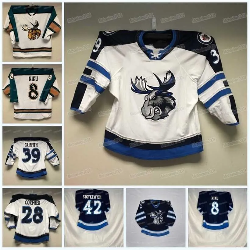 C2604 MitNess Custom Manitoba Moose Hockey Jersey AHL Austin Poganski Leon Gawanke David Gustafsson Ville Heinola Jeff Malott Cole Maier Thomas