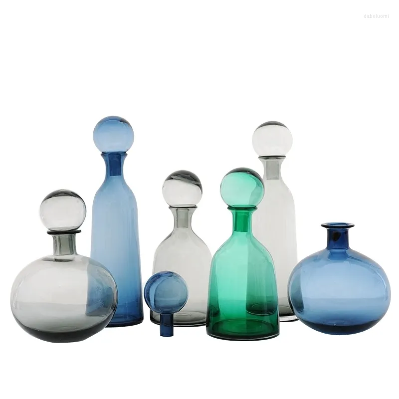 Vases Nordic Blue Gray Bottle With Lids Decorative Flower Vase Model Room Home Creative Decoration Simple