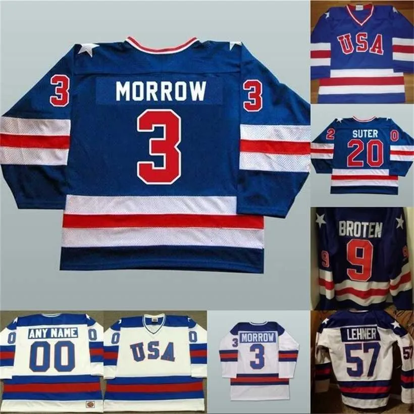 C2604 MIT 1980 Miracle on Ice Hockey Jerseys Mens 3 Ken Morrow 16 Mark Pavelich 20 Bob Suter Team USA Hockey Jersey Blue White