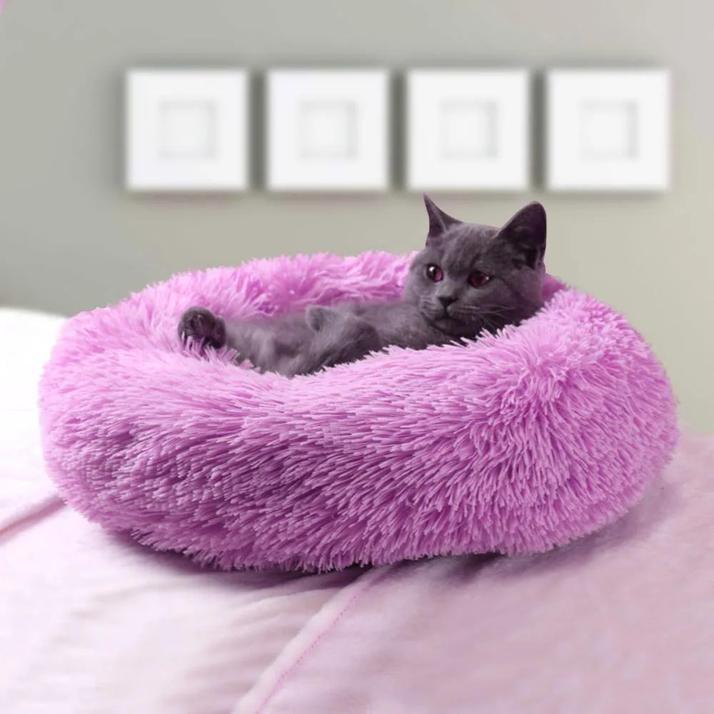 Mattor Långt plysch Pet Bed Round Soffa Dog Mat Donut Form Cat House Sleeping Bag Puppy Beds Warm Dog Beds Soft Cushion Mat for Burrowing
