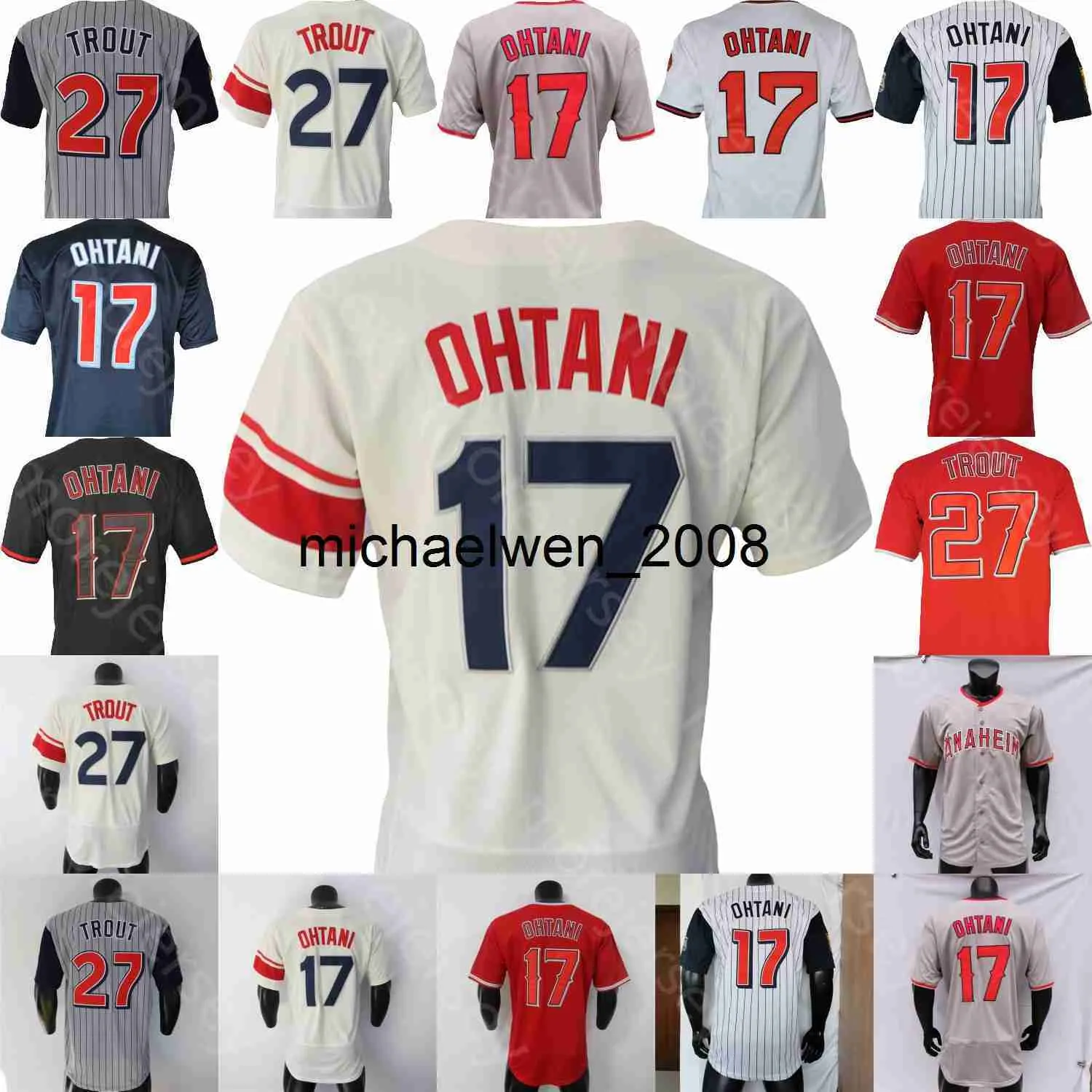 MI208 Shohei Ohtani Jersey Glaus Mike Trout City Gray White Red Navy Black Fashion Turn Back Pinstripe Pullover Cool Base Size S-3XL