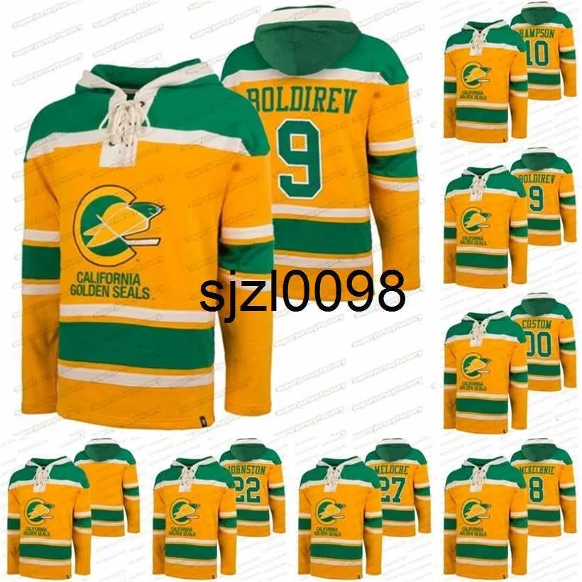 Sj98 California Golden Seals Klassieke hoodie uit de jaren 60 9 Ivan Boldirev 8 Walt McKechnie 27 Gilles Meloche 22 Joey Johnston 10 Ted Hampson