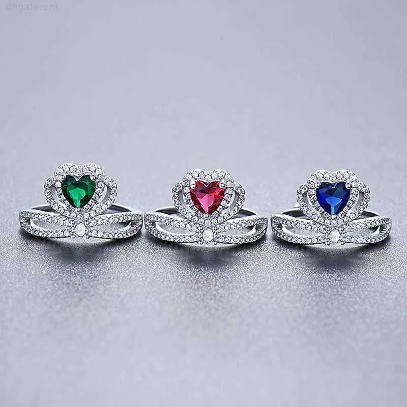 Band Princess Crown Rings Micro Pave Aaa Cubic Zirconia Prong Set Colored Hearted Stone for Women Wedding Engagement Party Adjustable Ring Jewelry