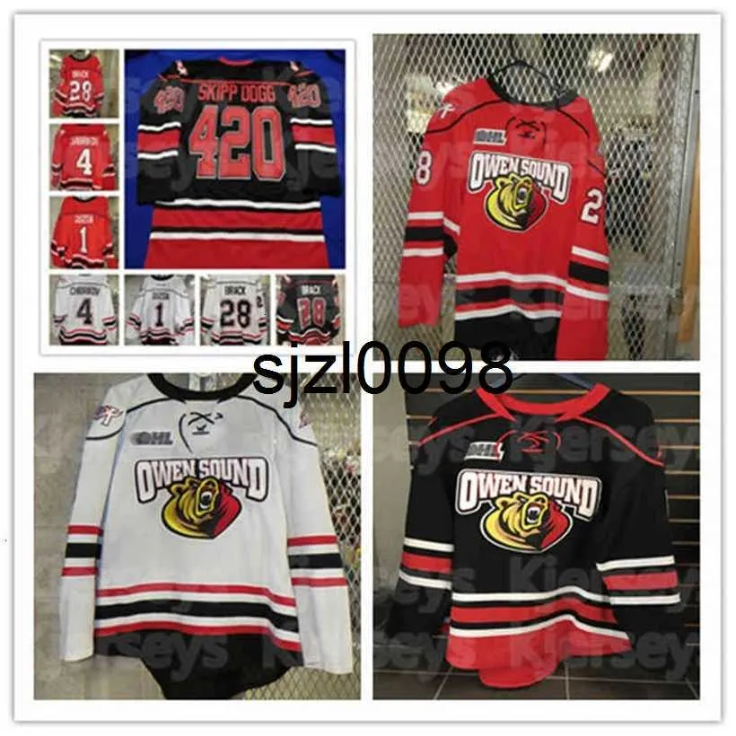 Sj98 CeoYouth Retro Owen Sound Attack Camisa de Hóquei em Estrada Bordado de alta qualidade Costurado Personalize 2 Carter Robertson 28 Justin Brack 1 Mack Guzda