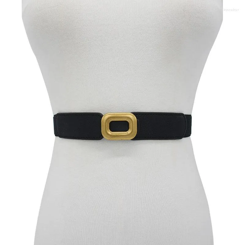 Bälten svart lyxiga mode fyrkantiga buckla antika guld damer elastiska bälte dekorativ bälte klänning