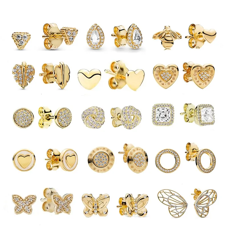 925 Silver Fit Pandora Earrings Gold Love Series Earstuds Bee Bow أقراط المجوهرات