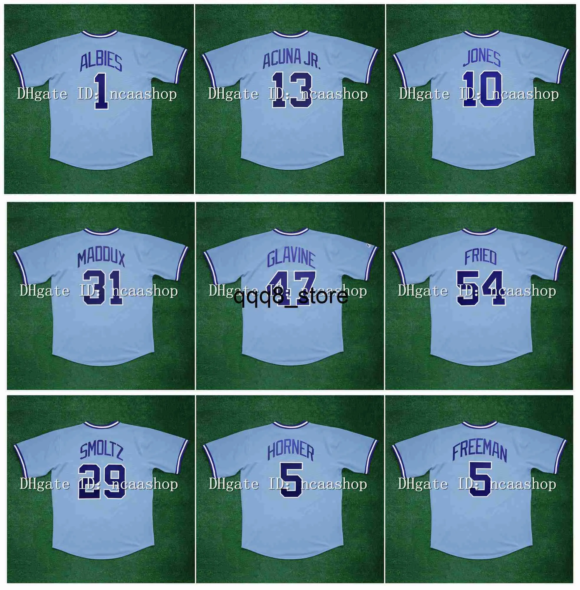 qq88 Vintage 1982 Atlanta Baseball Jersey Chipper Jones Ronald Acuna Jr. Tom Glavine Greg 31 Maddux Max Fried John Smoltz Bob Horner Freddie Freeman Ozzie Albies Bleu