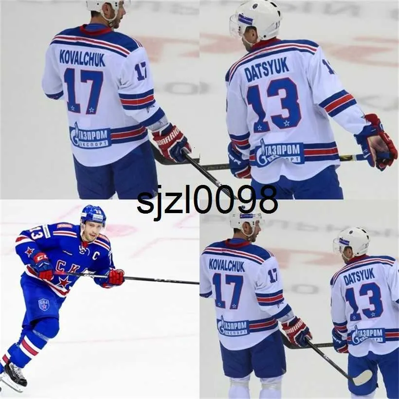 Sj98 # 13 Pavel Datsyuk KHL CKA Saint-Pétersbourg 17 Ilya Kovalchuk KHL Maillots de hockey sur glace cousus pour jeunes pour hommes Blanc Bleu