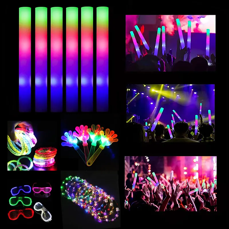 Overige Evenementen Feestartikelen 15 30 stuks Glow Sticks Schuim LED Stick Palm Bulk Gloeiende Bril Lichtgevende Hoofdtooi Ringen voor Bruiloft 230603