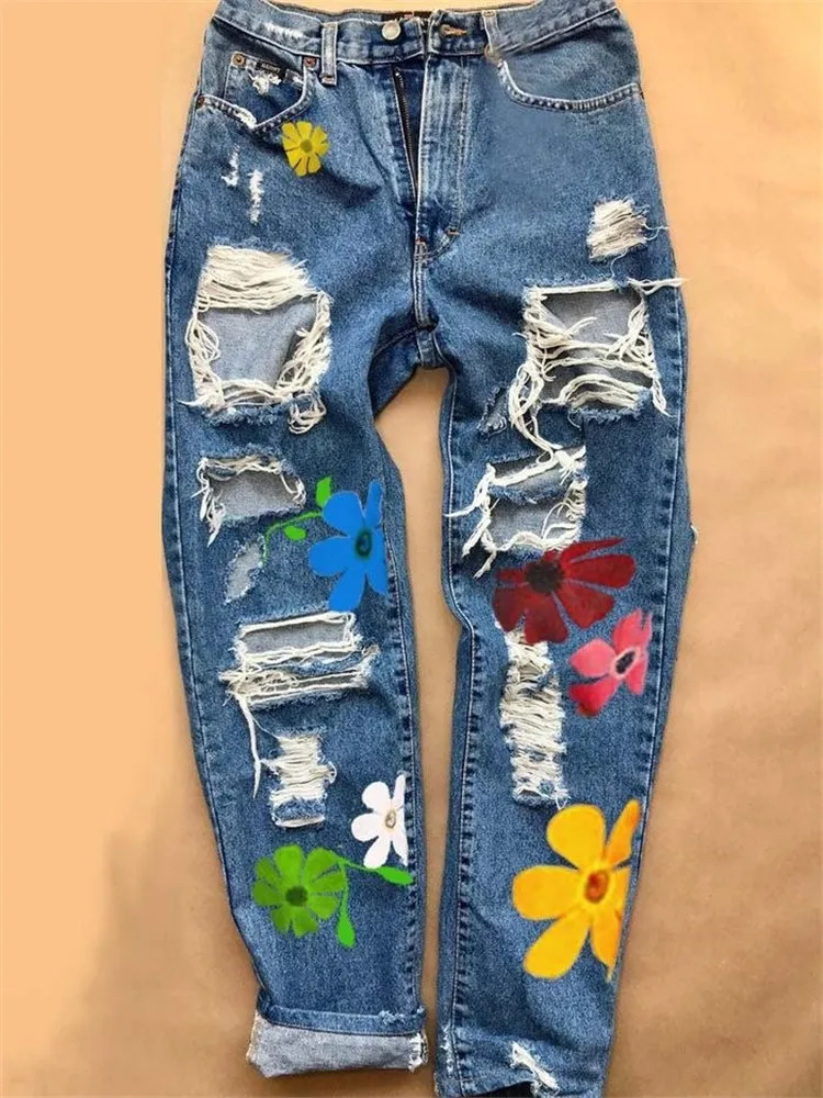 Dames Jeans Dames Gescheurde Jeans Mode Hoge Taille Bloemenprint Broeken Met Zakken Casual Stijl Bodems Tiener Denim Broek Dameskleding 230603