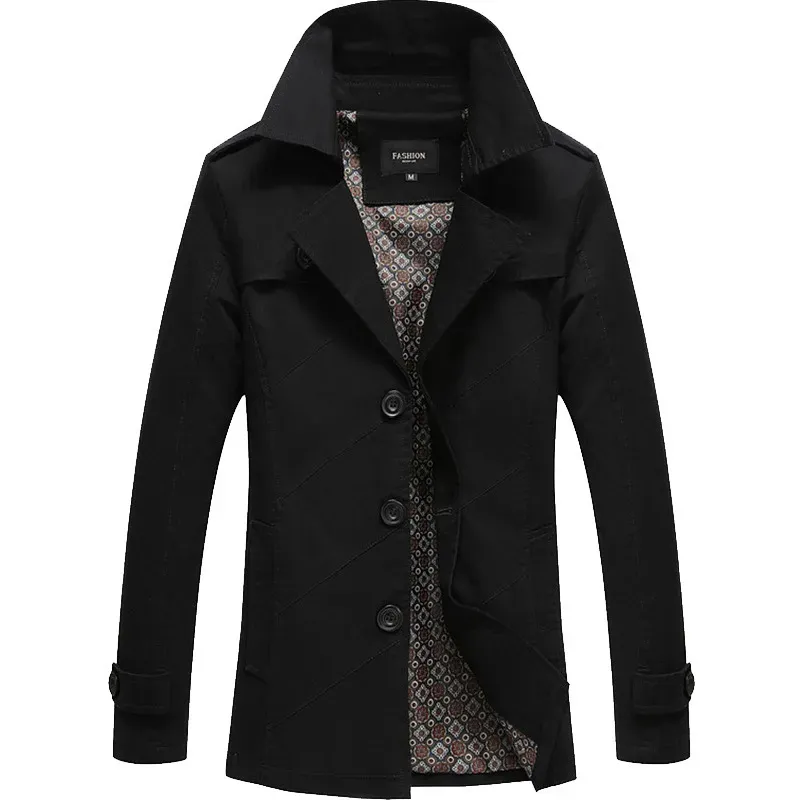 Male Pure Color Pure Cotton Long Jackets Fashion Men`s Upscale Winter Slim Fit Casual Trench Coat