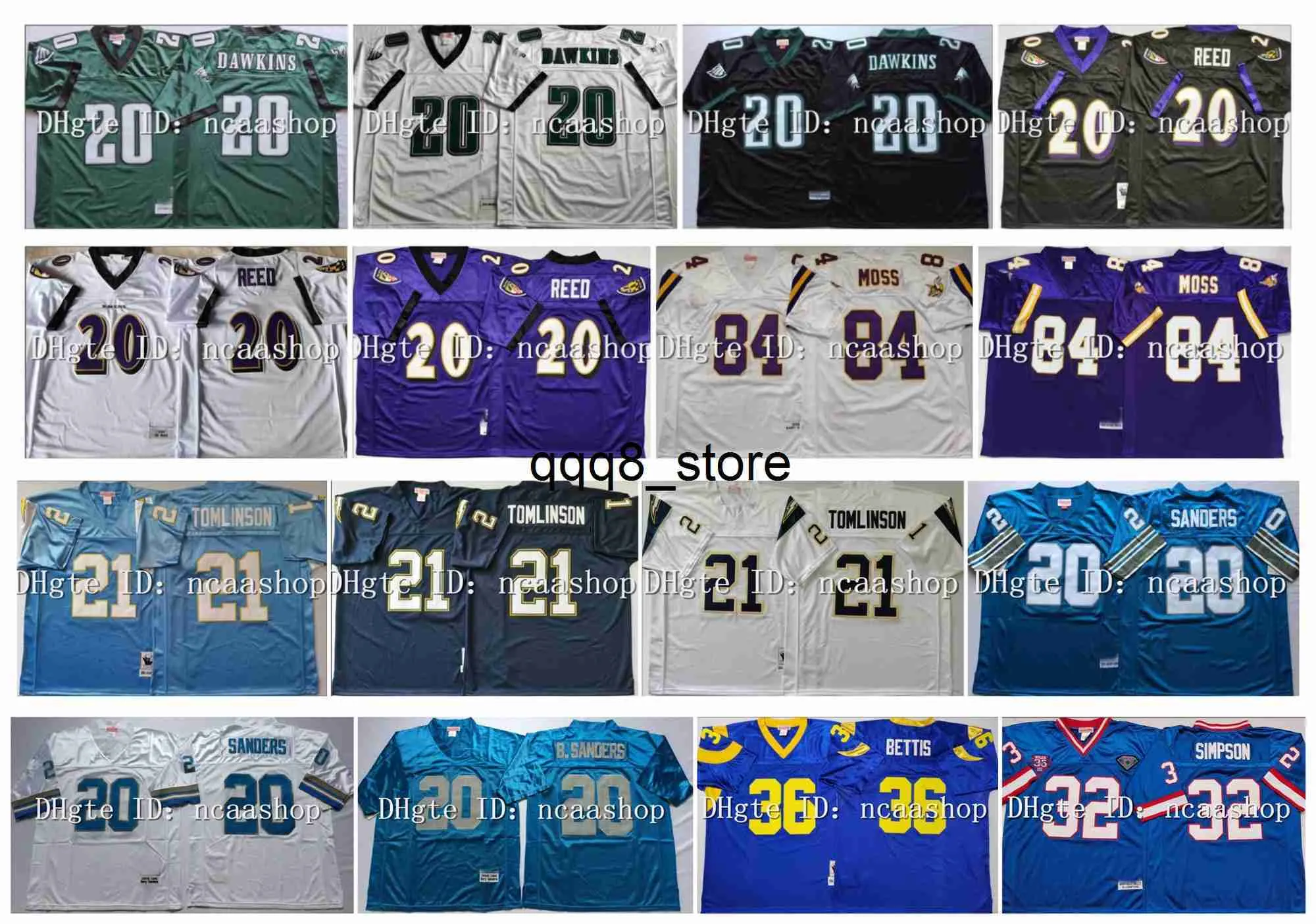 qq88 Retro 84 Randy Moss College Football Jersey 20 Brian Dawkins 20 Ed Reed 21 LaDainian Tomlinson 20 Barry Sanders 36 Jerome Bettis 32 O J Simpson Purple White Green Bl