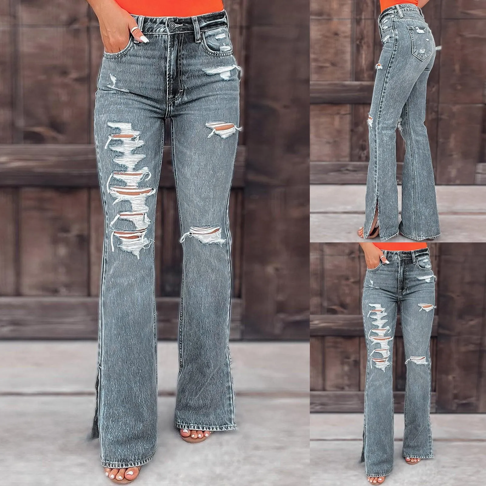 Jeans Vaqueros Jaycosin 2022 Hot Sale Womens High midja rippade jeans nödställda breda benbyxor nödställda mager jeans snabb frakt