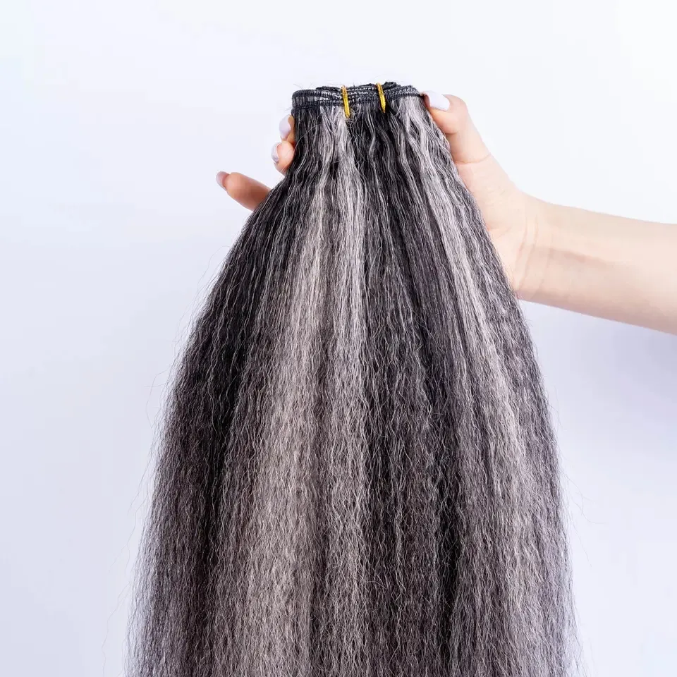 Clip dritta crespa di colore grigio nelle estensioni dei capelli umani per le donne nere 10-26 pollici estensione yaki brasiliana sale e pepe grigio argento 100 g / pacco