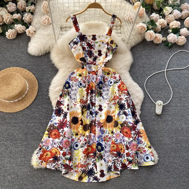 Vestidos Casuais Merchall 2023 Verão Feminino Alça Espaguete Vestido Midi Passarela Ombro Fora Estampa Floral Cintura Alta Férias Praia M1898