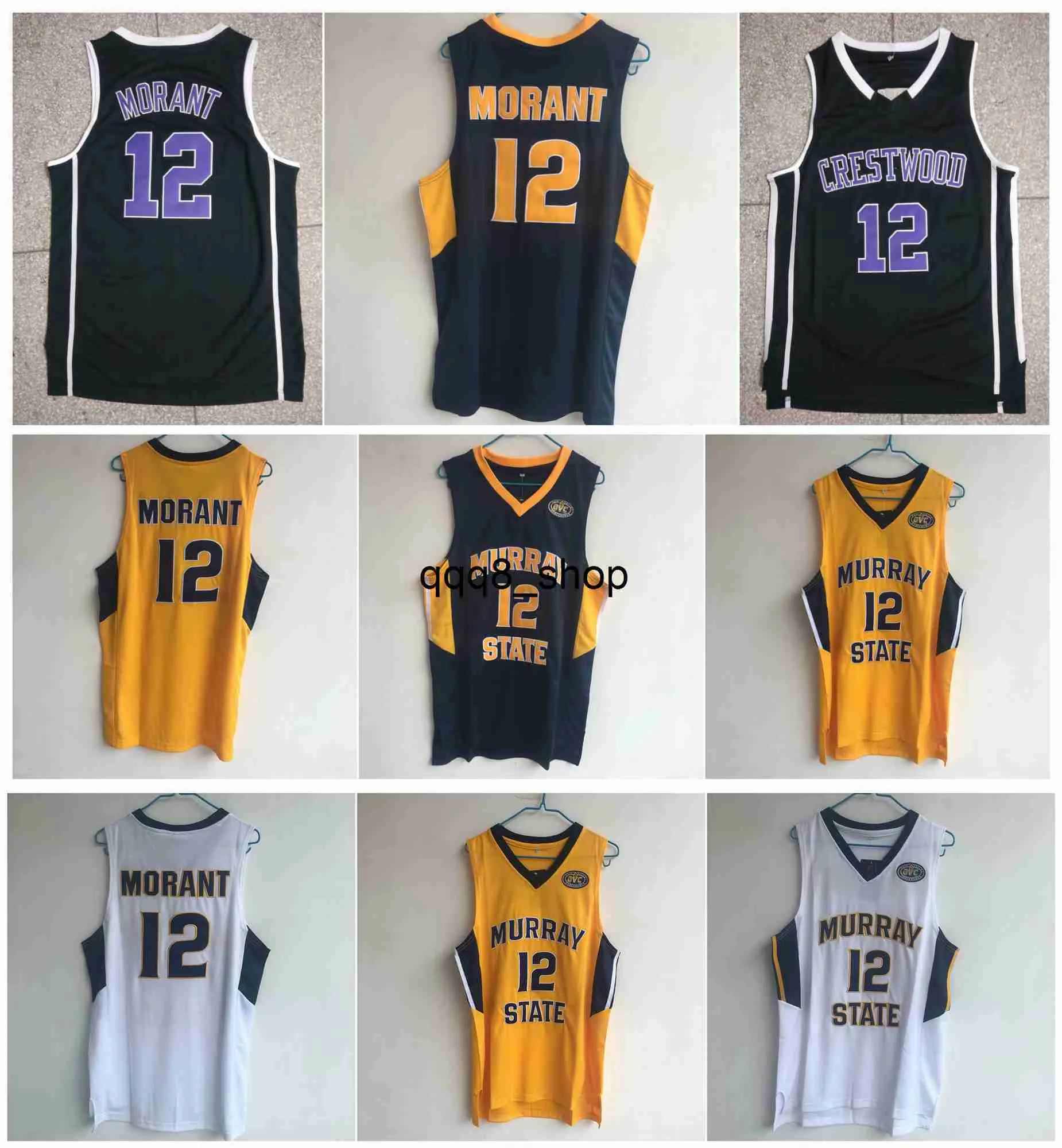 QQ8 JA Morant Jersey Elite Elite Murray State Racers NCAA колледж баскетбольные майки Crestwood High School Knights Black White Blue Yellow Size S-XXL