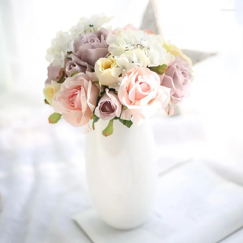 Kwiaty dekoracyjne sztuczna mieszanka róż hortensji kwiat bukiet domowy dekoracja ślubna produkty ślubne
