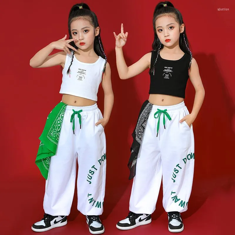 Desgaste de la etapa Moda para chicas Ropa de baile de Hip Hop Crop Tops Chaleco Pantalón suelto Streetwear Jazz Disfraces modernos Trajes de festival DN11968