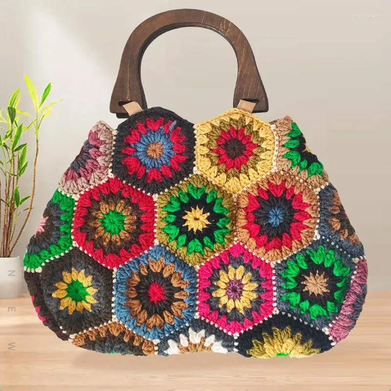 Sacs de soirée bohème tricoté sac à main manche en bois Vintage Boho Crochet fait main sac à main femmes 2023 fourre-tout sac à main