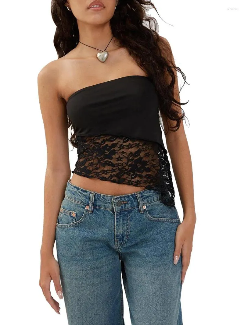 Women's Tanks Women Y2k Sleeveless Crop Top 2023 Summer Strapless Tube Lace Patchwork Sheer Mesh Streetwear