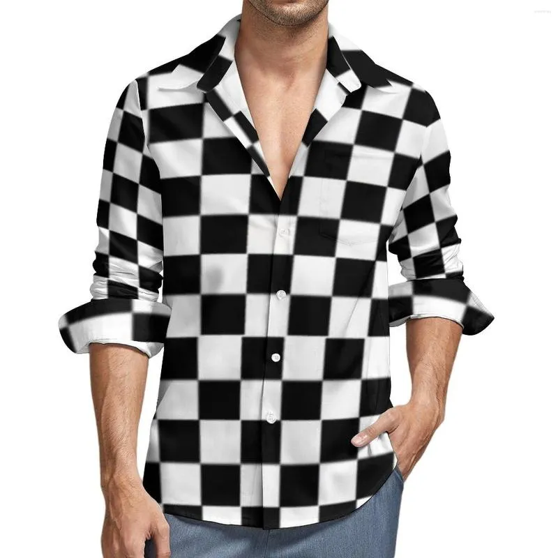 Męskie koszule czarno -białe kratą koszulę szachownicę druk Spring Street niestandardowe bluzki
