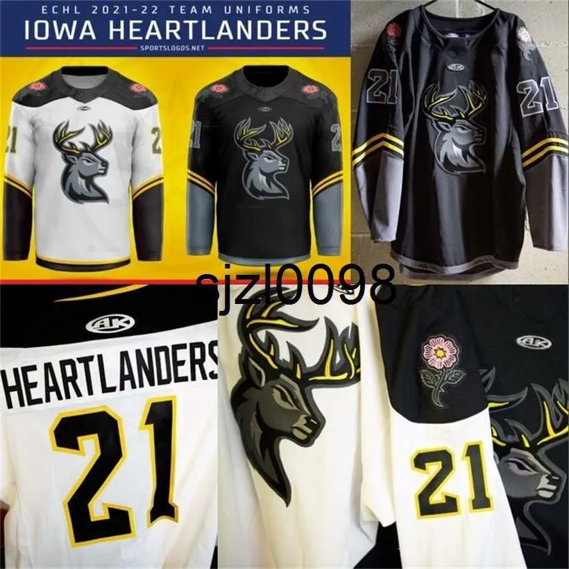 Sj98 ECHL 2021-22 Iowa Heartlanders Nieuwe Uniformen Custom Heren Dames Jeugd Thuis Uit Hockey Jersey Wit Zwart