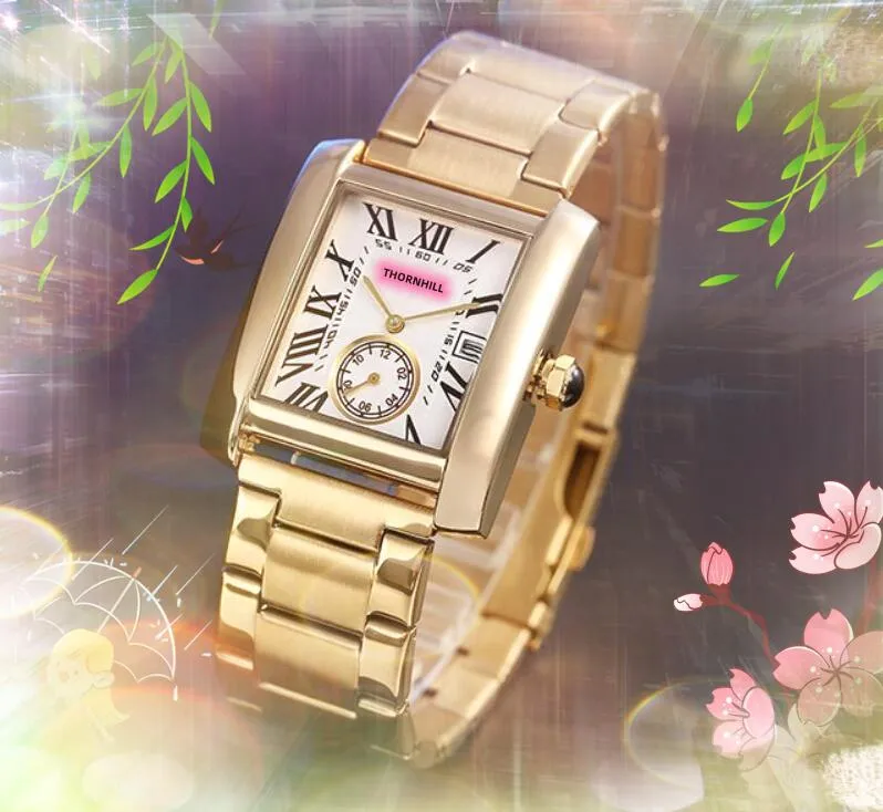 カップル愛好家の数字スクエアタンクダイヤルウォッチ女性男性ポピュラービジネスオートデートクールクォーツムーブメントファインステンレススチール本物の革ベルト時計時計