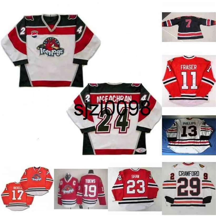 SJ98 Rockford Icehogs 7 Premier 13 David Phillips 19 Jonathan Toews 23 Andrew Shaw 24 Sean McEachran Bryan Bickell Colin Fraser Hokey Jersey